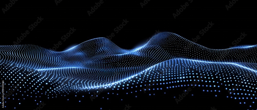 Poster abstract blue dot pattern on black background with wave like structure and glowing effect