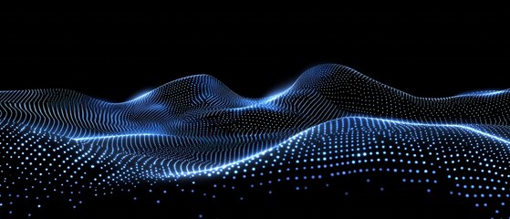 Abstract blue dot pattern on black background with wave like structure and glowing effect