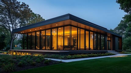 A high-tech smart home with sleek black glass panels and automated lighting.