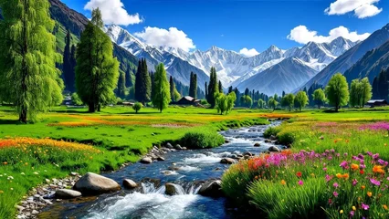 Gordijnen landscape with mountains and river © Manik