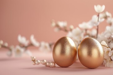 Elegant easter golden eggs and white flowers displayed on a soft pastel pink background