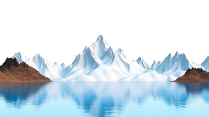 Snowy mountain range reflected in a calm lake.