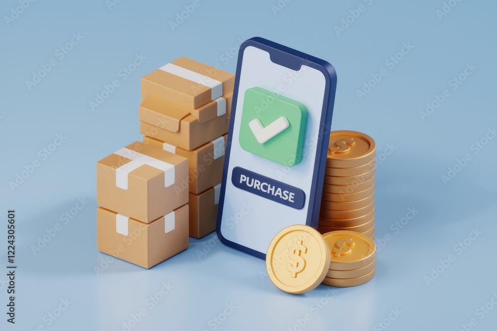 Aufkleber 3d visualization of smartphone displaying purchase confirmation with coins