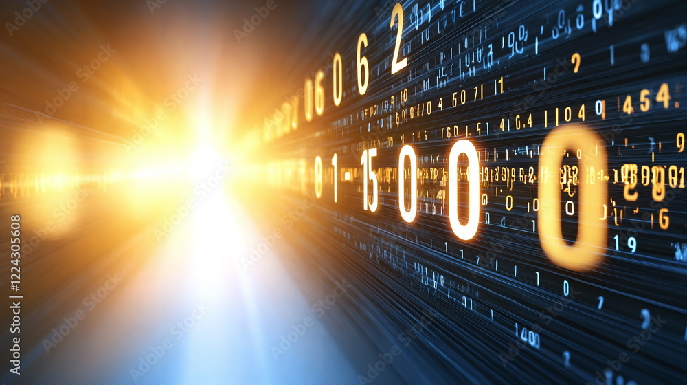 Aufkleber digital numbers flowing in a dynamic burst of golden light, representing data transfer, technology a