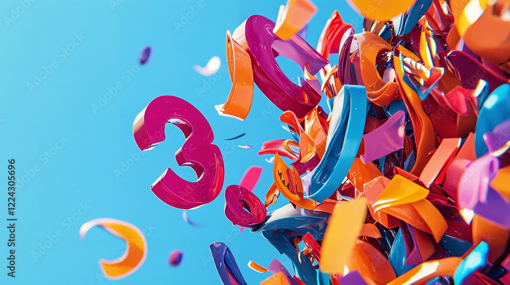 Aufkleber colorful numbers and decorative shapes flying against a bright blue background creating a dynamic an