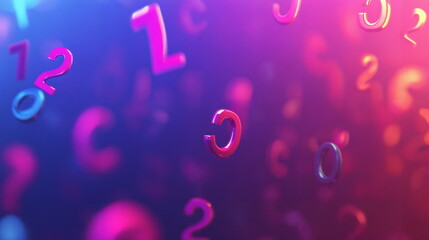 Obraz premium Colorful question marks floating in a vibrant abstract background with purple and pink tones creating a lively, engaging atmosphere suitable for creative designs.