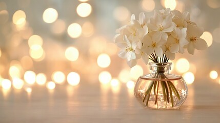 Fototapeta premium White floral bouquet in glass vase with soft golden bokeh lights on a light wooden surface