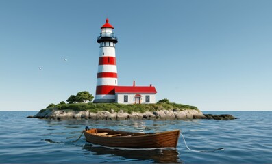 Red and White Lighthouse on a Small Island in Calm Blue Sea