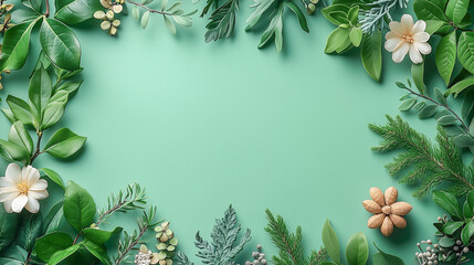Fototapeta premium Floral and botanical border on a mint green background