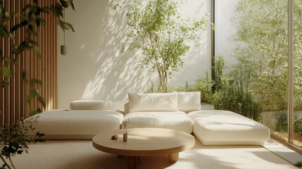 A serene minimalist living room with light tones and natural light featuring a white sofa and wooden table