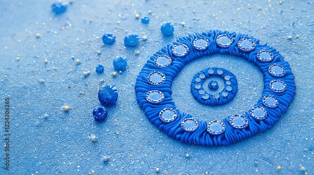 Poster blue decorative design with textured elements and sparkling beads on a soft blue background, creatin