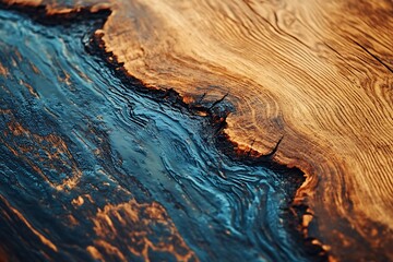 Marble wooden table with epoxy resin blue, Top view of wood
