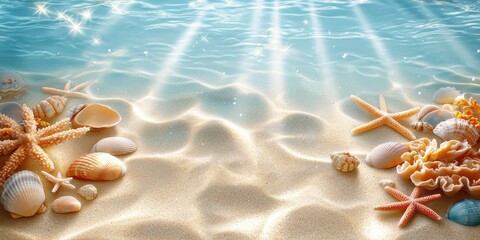 A serene ocean floor background covered in soft ripples of sand, dotted with small patches of coral and seashells. Faint rays of light create moving patterns on the floor, adding depth and tranquility