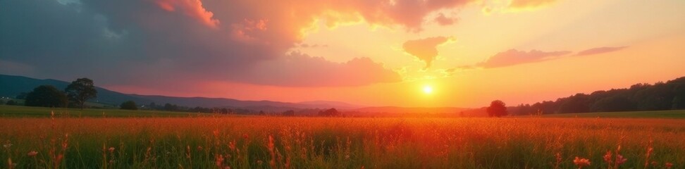 Obraz premium Softly glowing clouds amidst a tranquil meadow at sunset, sunset, warm light