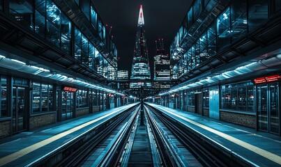 Empty train platform at night with city skyline view