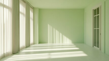 Fototapeta premium Empty light green room with sunlight streaming through sheer curtains and a white door.