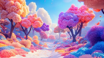 Enchanted Pastel Forest: A Dreamlike Landscape of Colorful Trees and Lush Flora