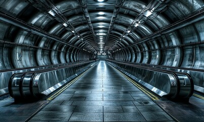 Obraz premium Empty underground tunnel with moving walkway, industrial architecture background, ideal for travel or urban themes