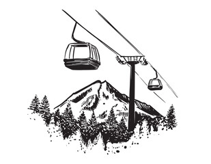 Ski lift in the mountains black on white, hand drawn.	
