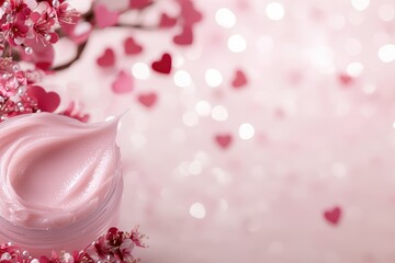 Close-up of Luxury Hydrating Cream Surrounded by Pink Flowers
