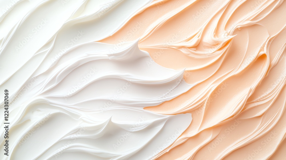 Poster abstract textured background with flowing creamy swirls in soft peach and white tones, creating a so