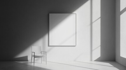 Minimalist room with white canvas and chair showcasing light and shadow play for graphic design