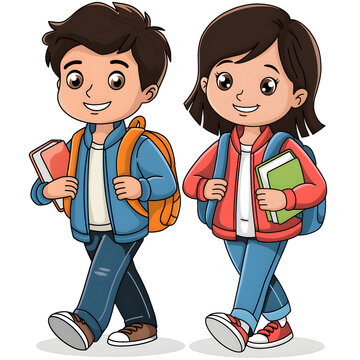Illustration beck to school boys and girls walk together
