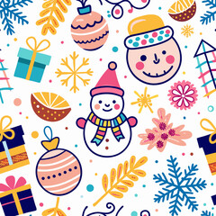 Fototapeta premium Festive Christmas seamless pattern with snowmen, ornaments, and gifts.