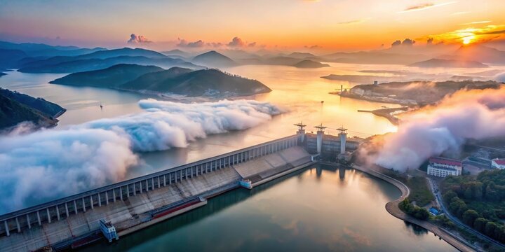 Aerial view of the Three Gorges Dam at dawn with misty fog rolling in, Water, Landscape,  Water, Landscape, Industrial