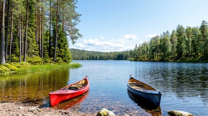 Obraz premium Canoes on a calm lake in a pine forest. Perfect for travel brochures