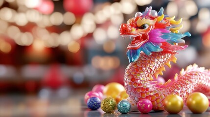 Obraz premium Colorful Chinese Dragon Figurine with Decorative Ornaments and Bokeh
