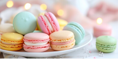 Obraz premium A lovely array of pastel and brightly colored macarons are put in a tidy manner on a pristine white plate, Generative AI.