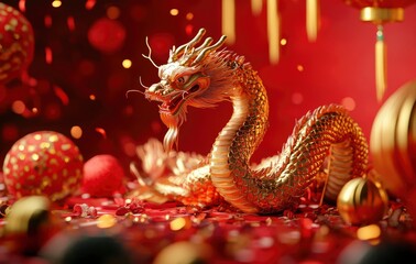 Obraz premium A golden snake sculpture, Chinese New Year atmosphere, red background with paper cut snowflakes and fireworks decoration