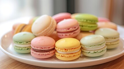 Obraz premium A lovely array of pastel and brightly colored macarons are put in a tidy manner on a pristine white plate, Generative AI.