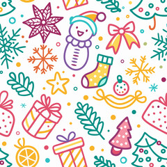 Fototapeta premium Colorful Christmas seamless pattern with presents, snowman, and snowflakes.