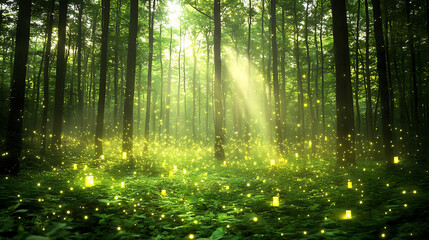 Fototapeta premium Lush forest scene illuminated by sunlight, teeming with glowing flora