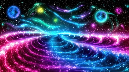 A surreal landscape of glowing neon waves rolling gently over a futuristic terrain, with vibrant pink, blue, and purple hues blending seamlessly, creating an ethereal and mesmerizing background 