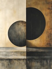 A layered abstract design of overlapping circles in soft taupe and cream.