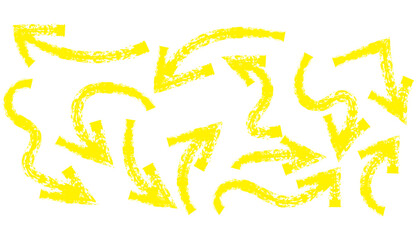 Brush, marker drawn bold arrows set. Collection of hand drawn doodle thick arrows in different directions.