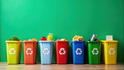 Colorful recycling trash bins on a green background with sorted waste materials and recyclable items, sustainable living, waste sorting
