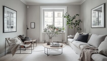 Fototapeta premium bright and airy Scandinavian-style dining area with minimalist decor, featuring a simple wooden table, light-colored chairs, and soft lighting