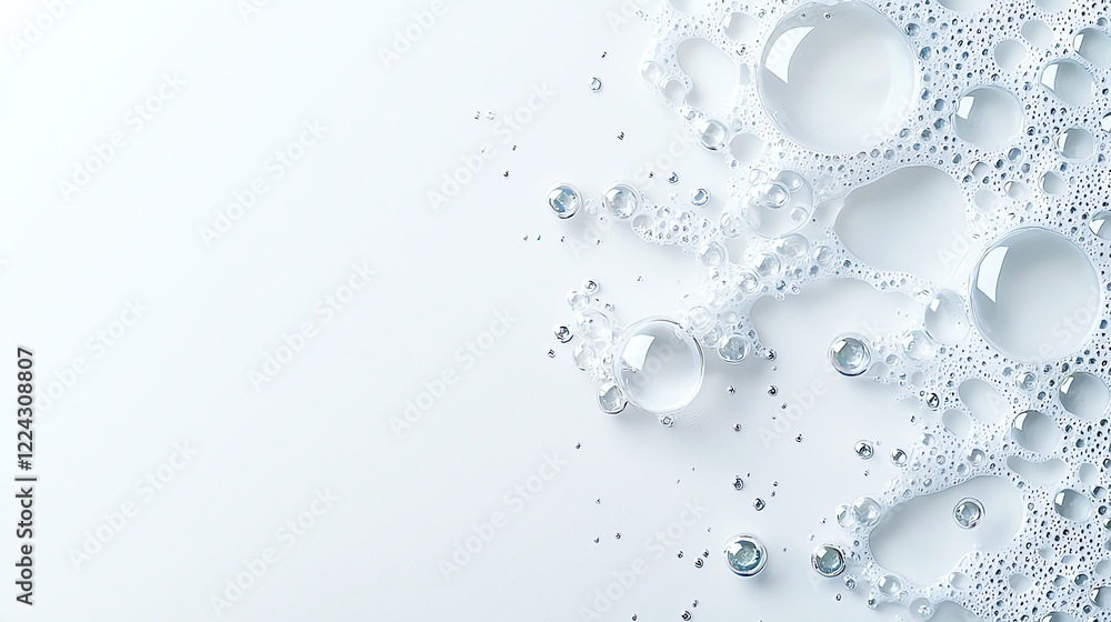 Poster abstract close-up of white soap bubbles and water droplets creating a clean and fresh background wit