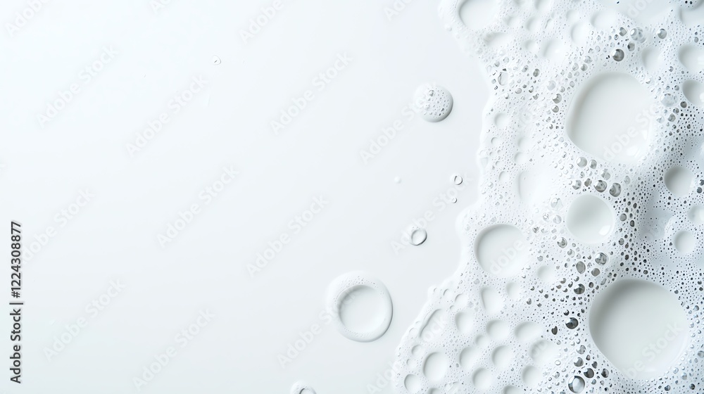 Poster close-up of soap bubbles on a white background, showcasing texture and patterns in a minimalistic st