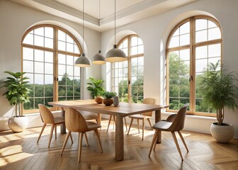 Obraz premium Minimalist Dining Room: Wooden Table & Arched Windows - Stock Photo