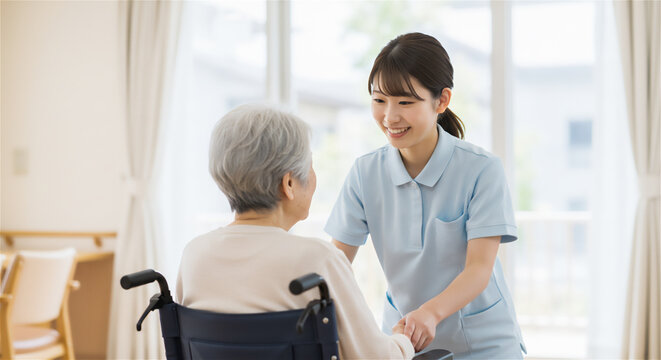 車椅子のシニアの女性と介護士
