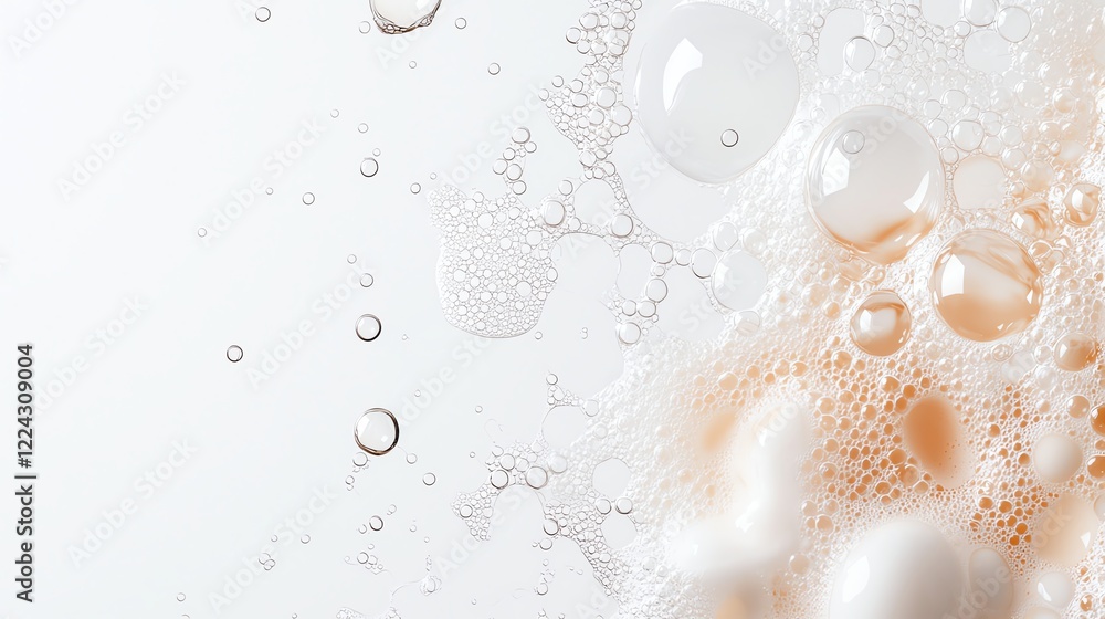 Poster close-up view of soap bubbles on a white background, creating a clean and fresh abstract texture.