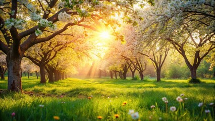 Soft focus on a serene spring landscape with sunlight filtering through trees, casting warm brushstrokes on the grass and flowers , rustic charm, outdoors