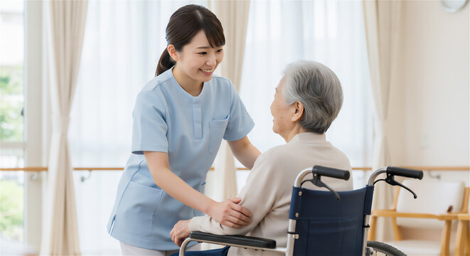 車椅子のシニアの女性と介護士