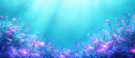 Fototapeta premium A surreal underwater world with glowing bioluminescent coral reefs in shades of turquoise and purple, softly lit by gentle waves of light filtering through the deep blue water, evoking a peaceful 