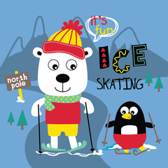 Illustration of a polar bear and penguin ice skating at the North Pole. Winter activity concept
